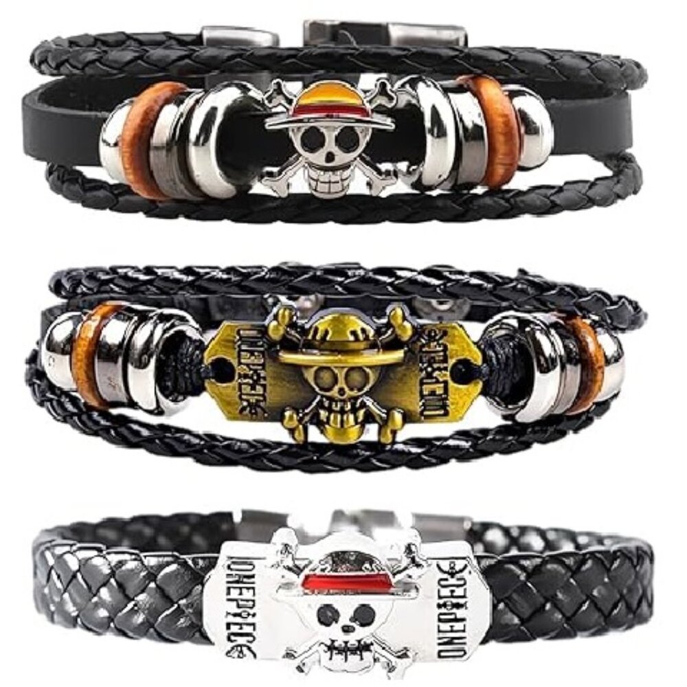 One Piece Anime Monkey D Luffy Straw Pirates Leather Metal Bracelets 3pcs NEW